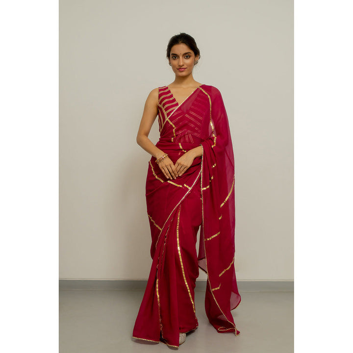 PEELI DORI Dhara Wine Stripes Saree with Stitched Blouse