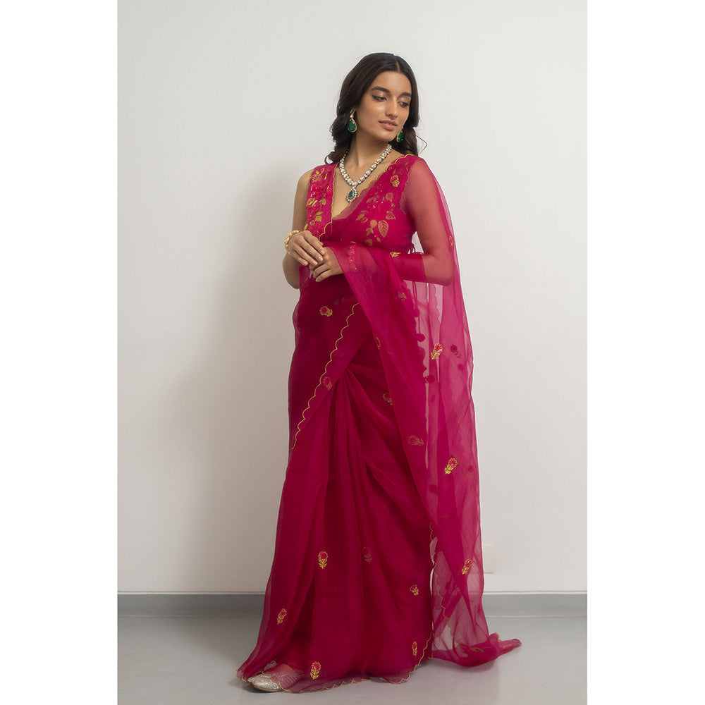 PEELI DORI Roopa Rani Embellished Wine Saree with Stitched Blouse