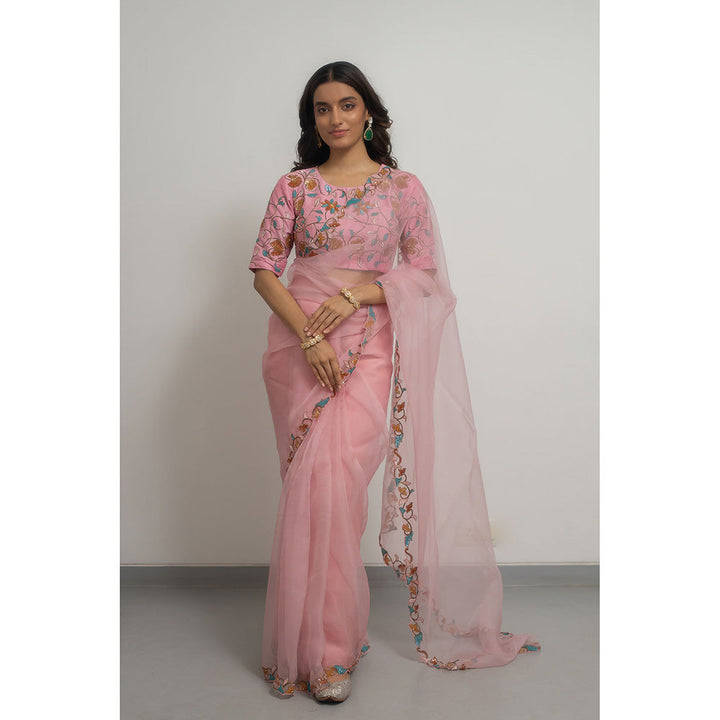 PEELI DORI Pink Lily Silk Embellished Organza Saree with Stitched Blouse