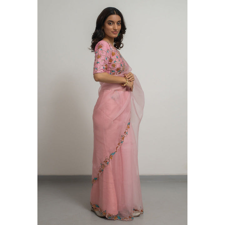 PEELI DORI Pink Lily Silk Embellished Organza Saree with Stitched Blouse