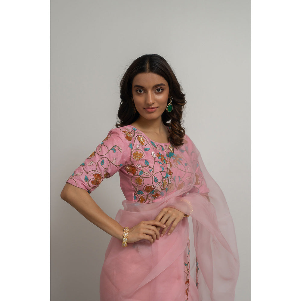 PEELI DORI Pink Lily Silk Embellished Organza Saree with Stitched Blouse