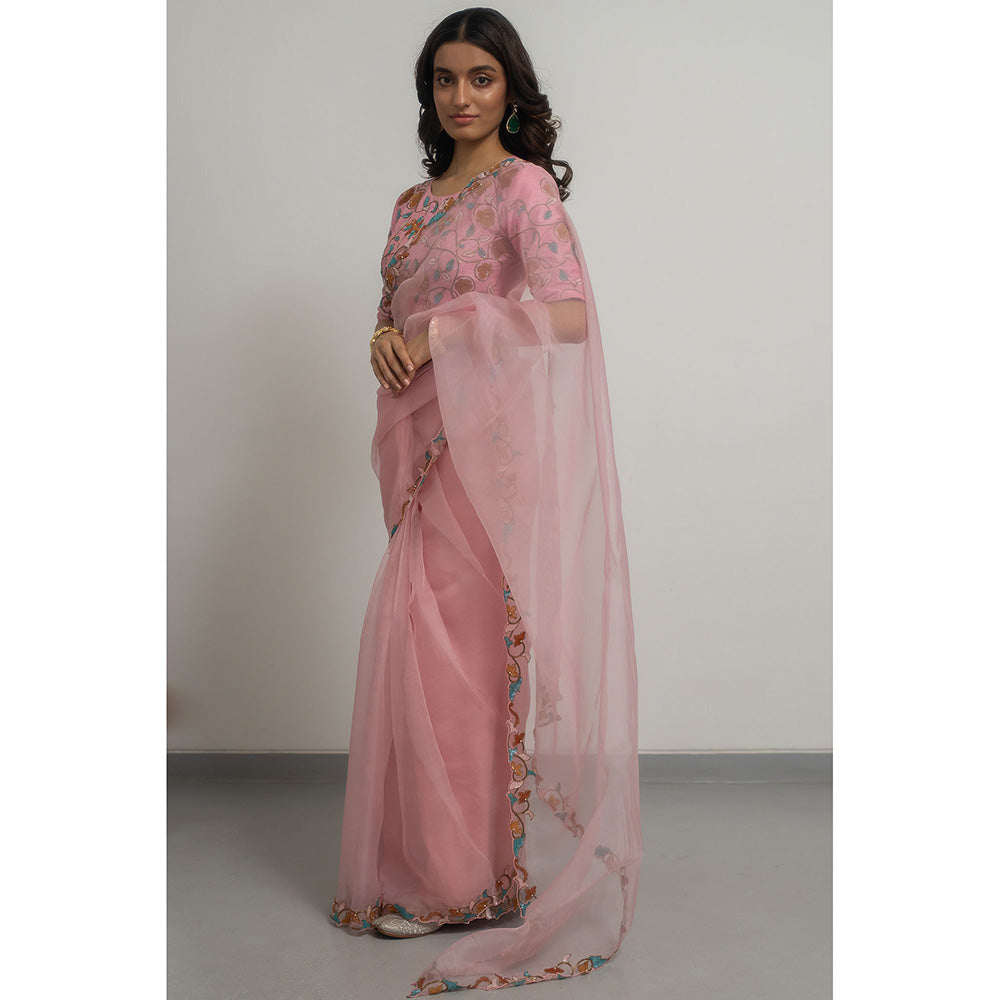 PEELI DORI Pink Lily Silk Embellished Organza Saree with Stitched Blouse