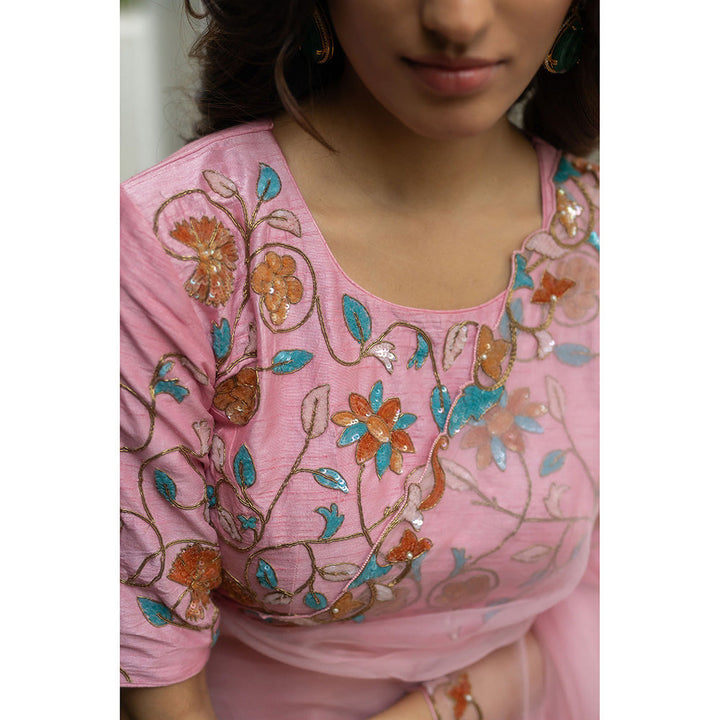 PEELI DORI Pink Lily Silk Embellished Organza Saree with Stitched Blouse