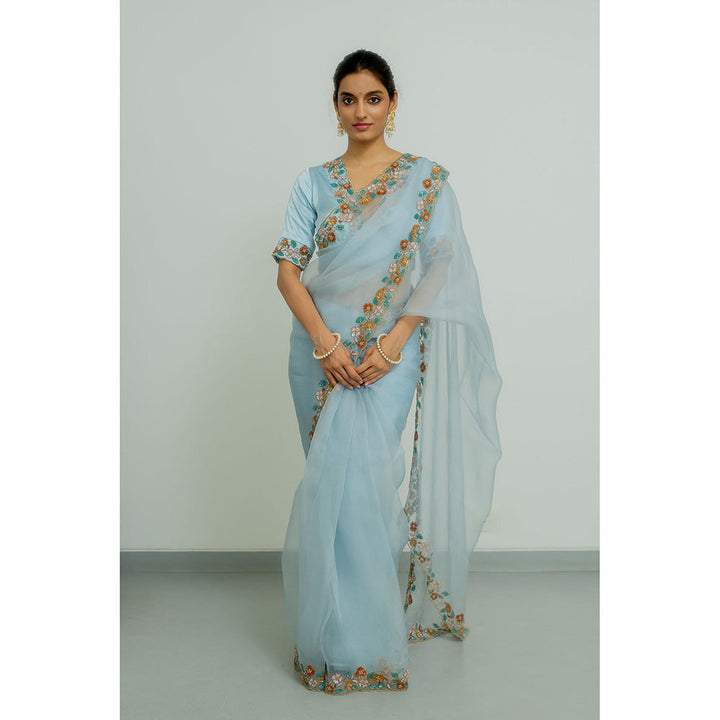 PEELI DORI Blue Lotus Embellished Saree with Stitched Blouse