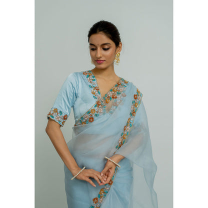 PEELI DORI Blue Lotus Embellished Saree with Stitched Blouse