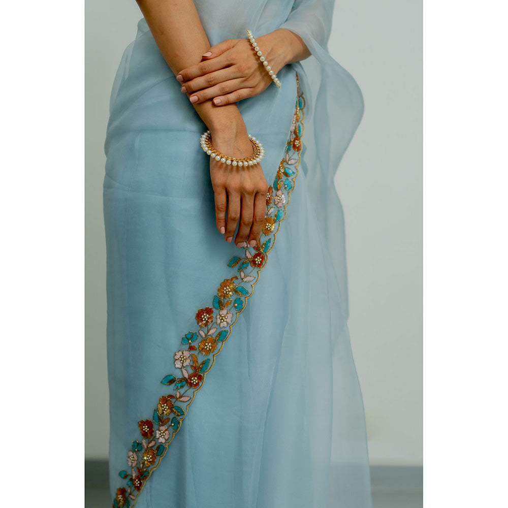 PEELI DORI Blue Lotus Embellished Saree with Stitched Blouse