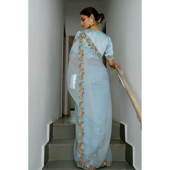 PEELI DORI Blue Lotus Embellished Saree with Stitched Blouse