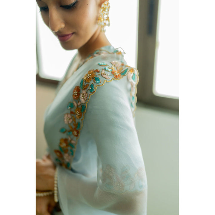 PEELI DORI Blue Lotus Embellished Saree with Stitched Blouse