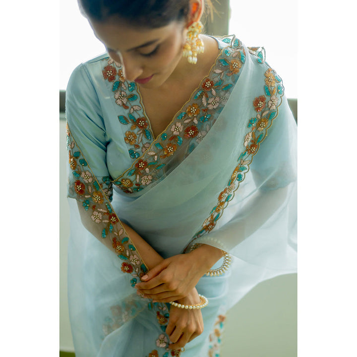 PEELI DORI Blue Lotus Embellished Saree with Stitched Blouse