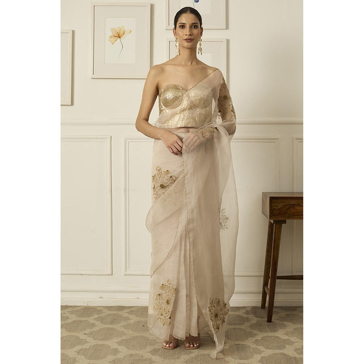 PEELI DORI Beige Miral Silk Organza Saree with Stitched Blouse