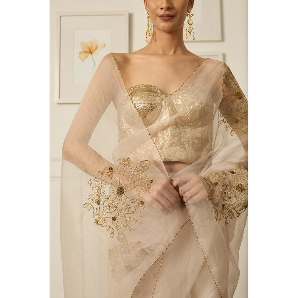 PEELI DORI Beige Miral Silk Organza Saree with Stitched Blouse