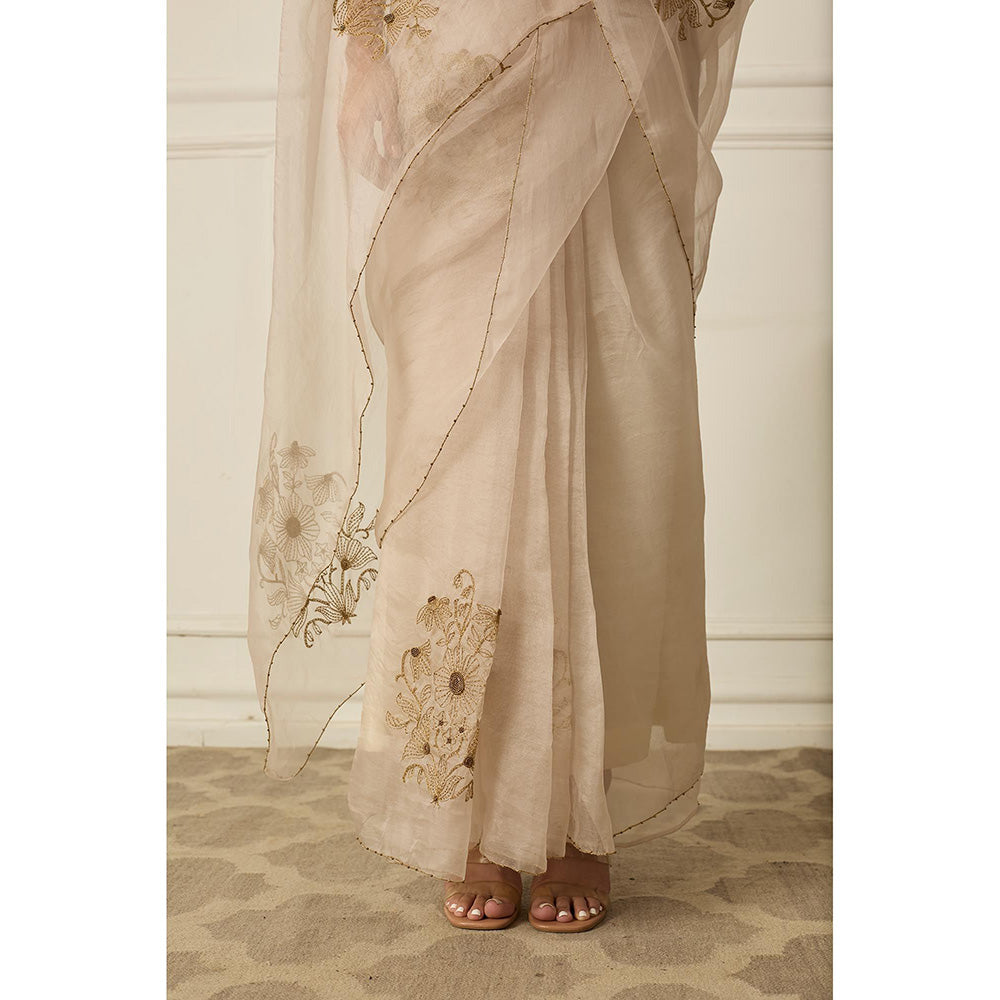 PEELI DORI Beige Miral Silk Organza Saree with Stitched Blouse