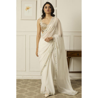 PEELI DORI White Meenakshi Georgette Saree with Stitched Blouse