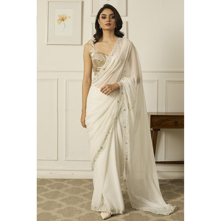 PEELI DORI White Meenakshi Georgette Saree with Stitched Blouse