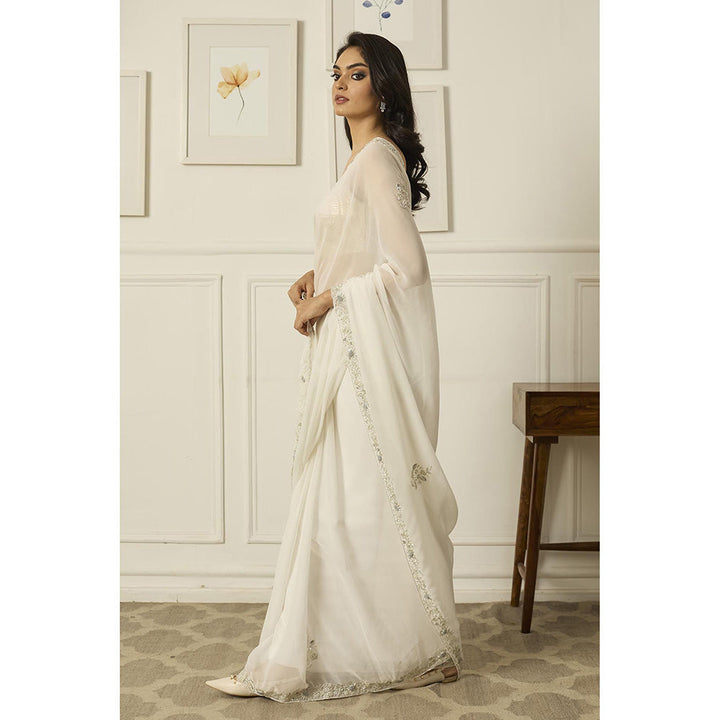 PEELI DORI White Meenakshi Georgette Saree with Stitched Blouse