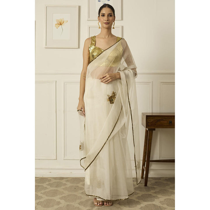 PEELI DORI Off White Paro Saree with Stitched Blouse