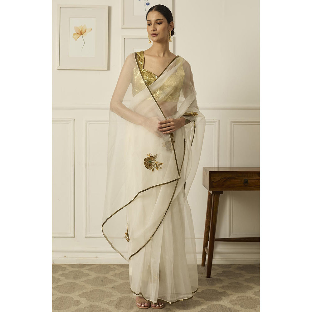 PEELI DORI Off White Paro Saree with Stitched Blouse