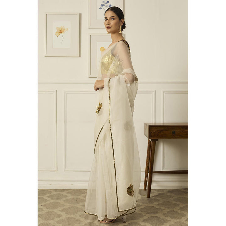 PEELI DORI Off White Paro Saree with Stitched Blouse