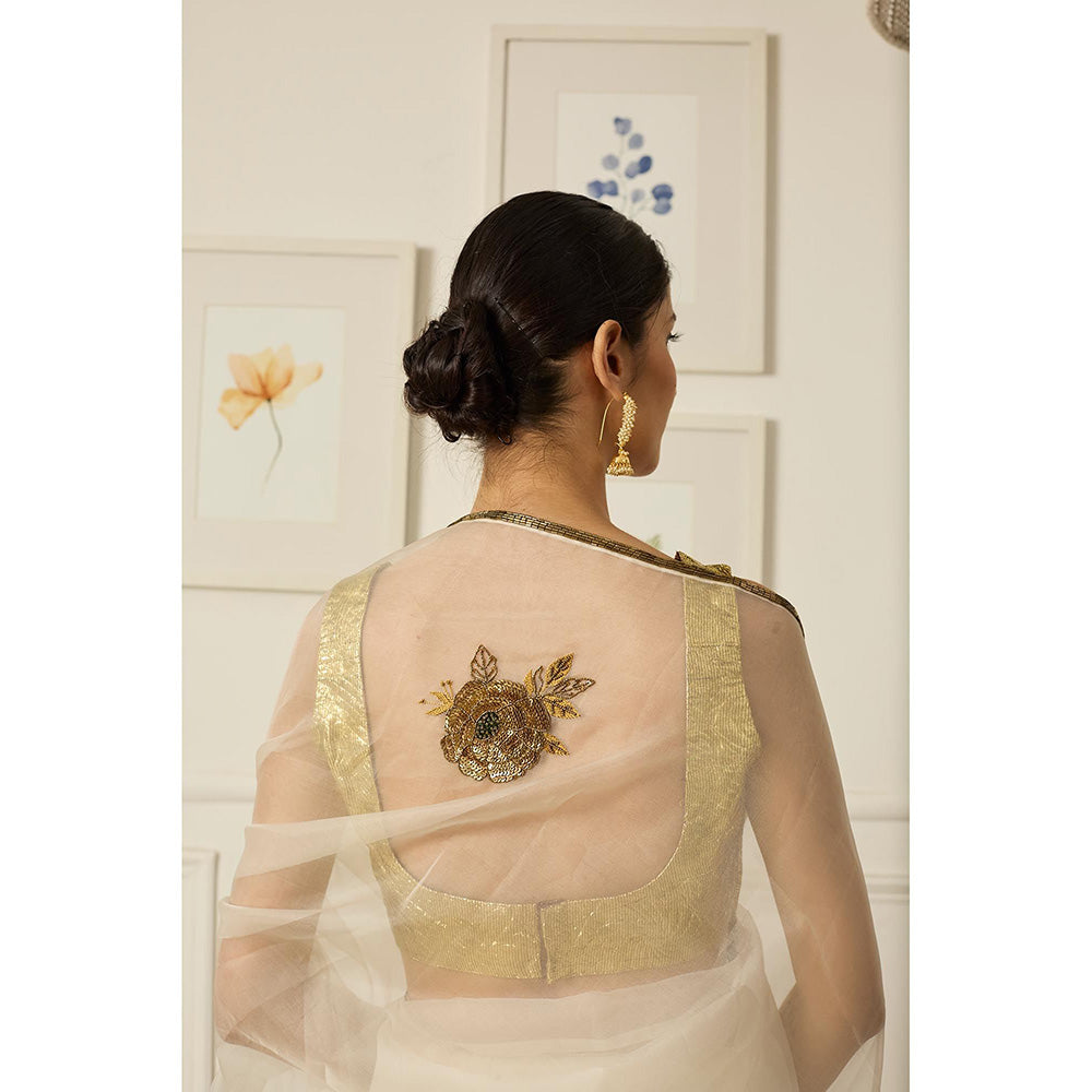 PEELI DORI Off White Paro Saree with Stitched Blouse