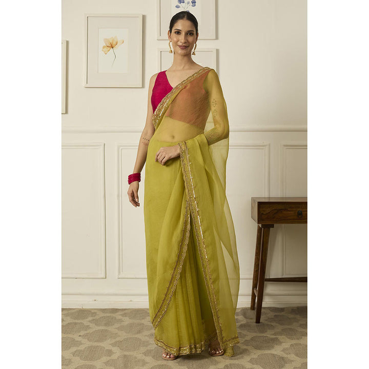 PEELI DORI Lime Green Ruqsat Saree with Stitched Blouse