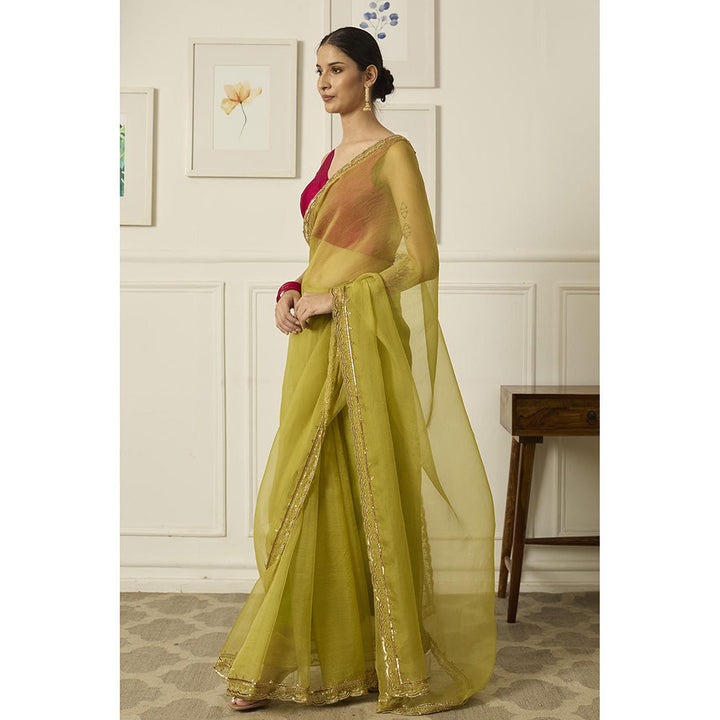 PEELI DORI Lime Green Ruqsat Saree with Stitched Blouse