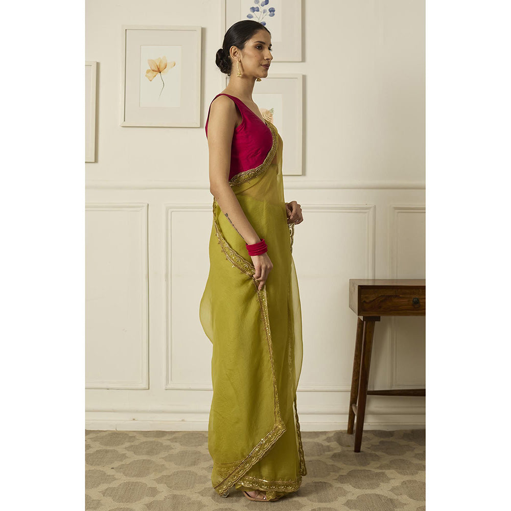 PEELI DORI Lime Green Ruqsat Saree with Stitched Blouse