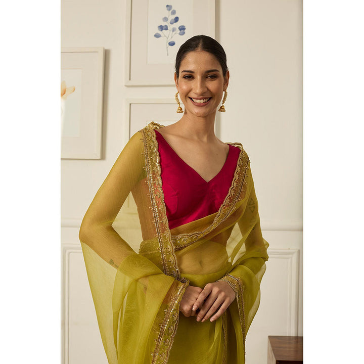 PEELI DORI Lime Green Ruqsat Saree with Stitched Blouse