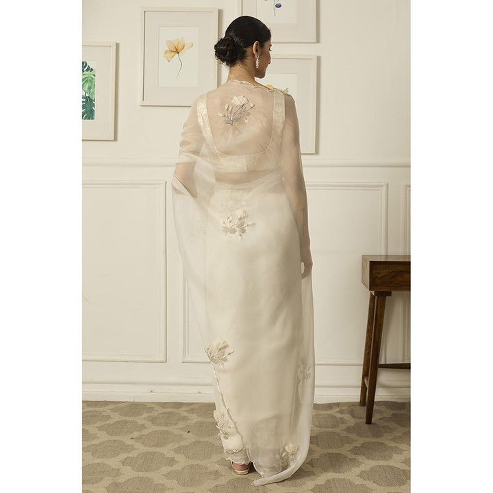 PEELI DORI White Floret Saree with Stitched Blouse