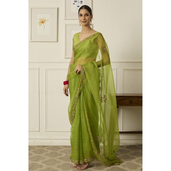 PEELI DORI Lime Green Meenakshi Saree with Stitched Blouse