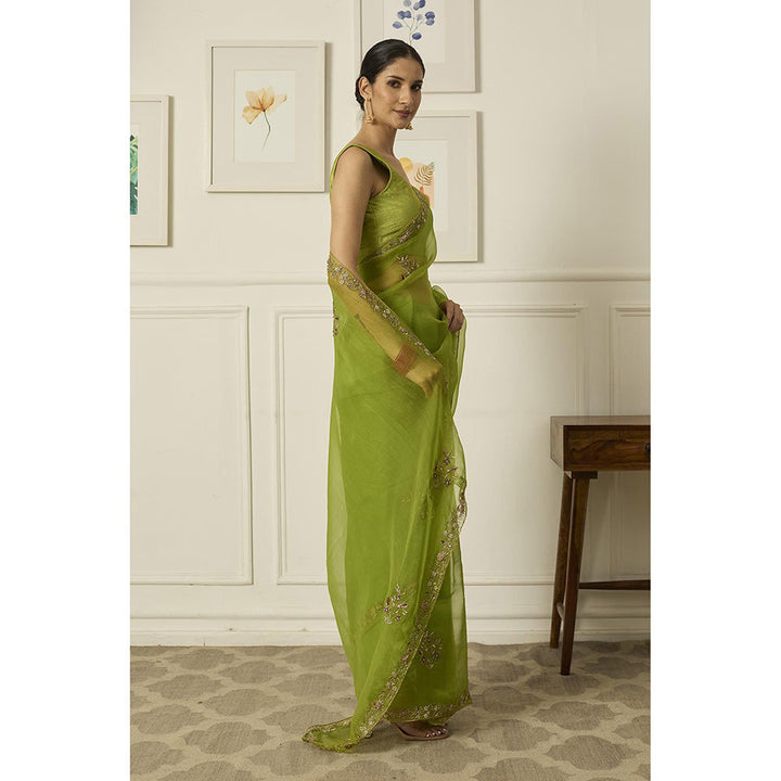 PEELI DORI Lime Green Meenakshi Saree with Stitched Blouse