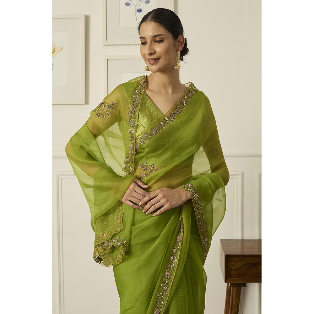 PEELI DORI Lime Green Meenakshi Saree with Stitched Blouse