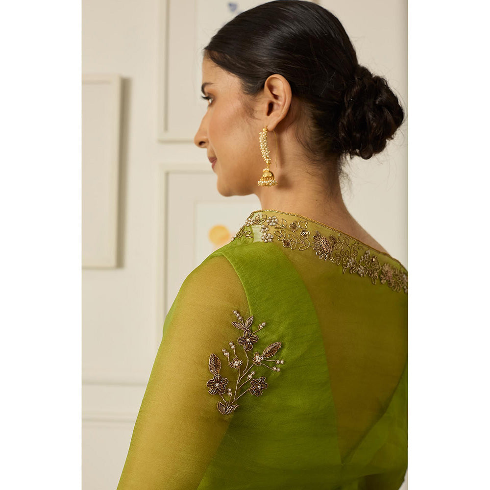 PEELI DORI Lime Green Meenakshi Saree with Stitched Blouse