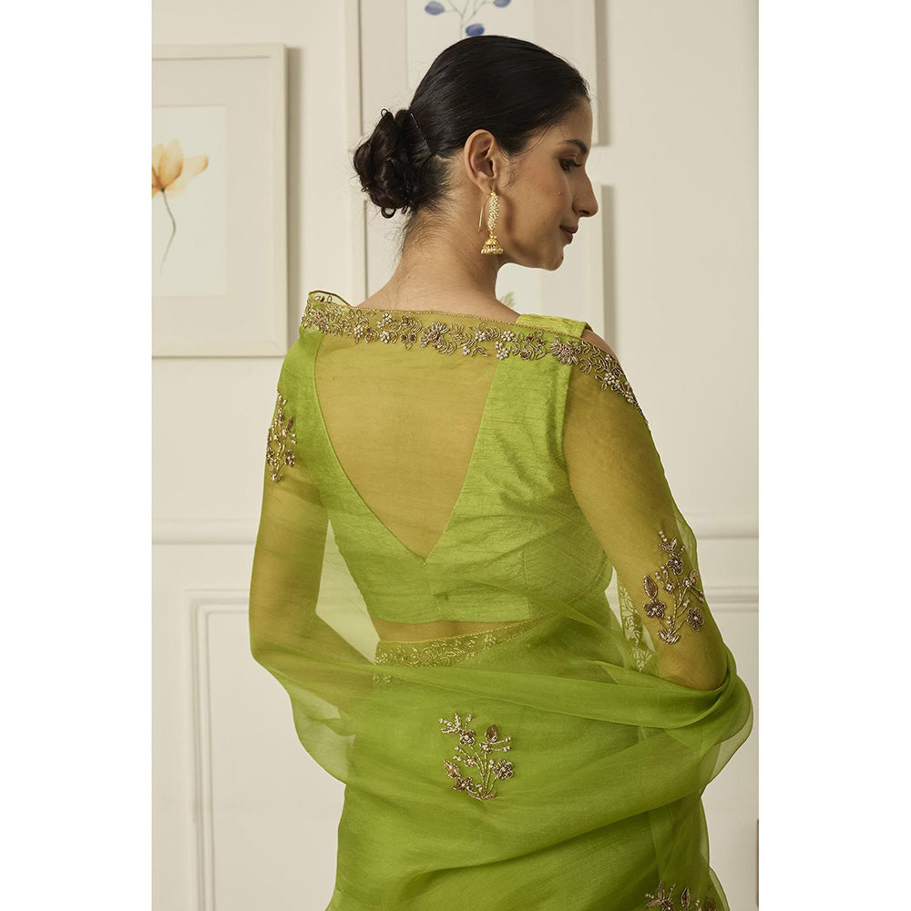 PEELI DORI Lime Green Meenakshi Saree with Stitched Blouse