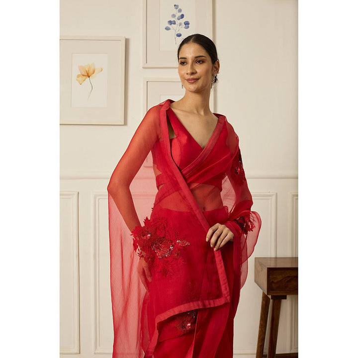 PEELI DORI Red Aradhana Saree with Stitched Blouse