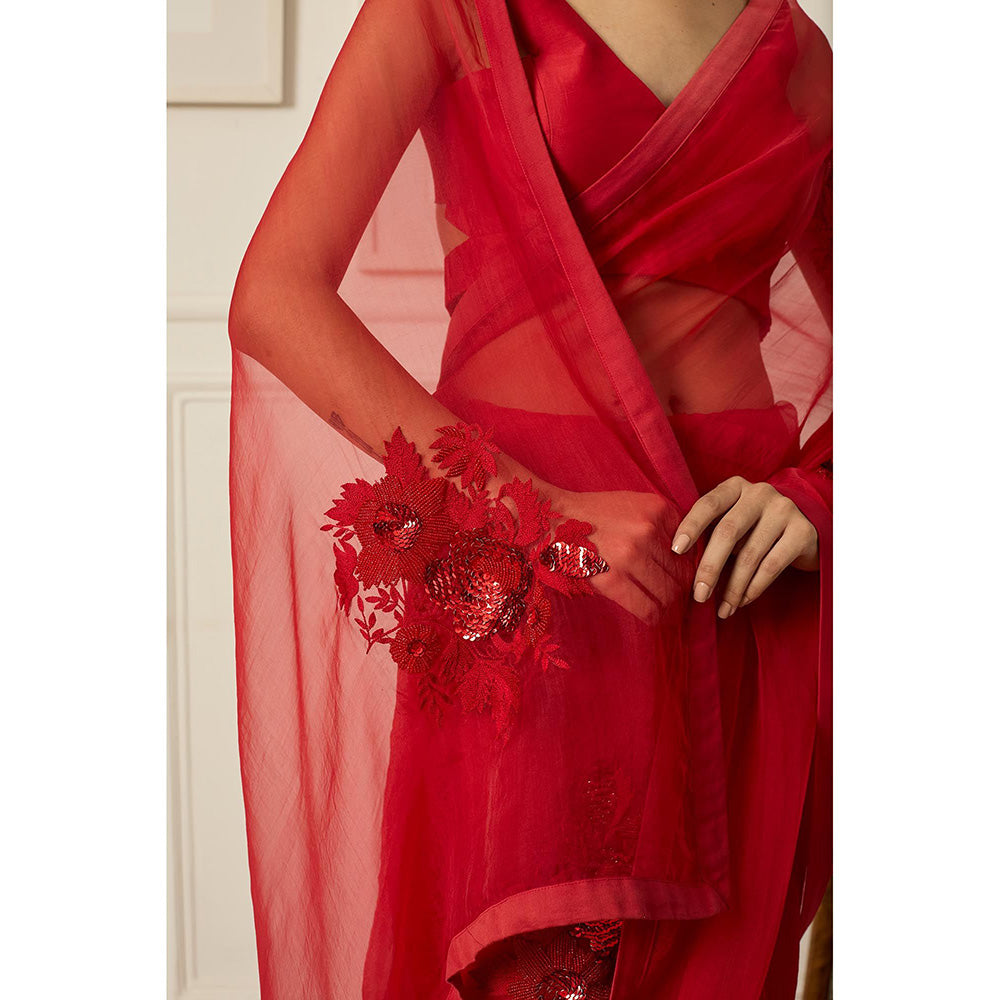 PEELI DORI Red Aradhana Saree with Stitched Blouse