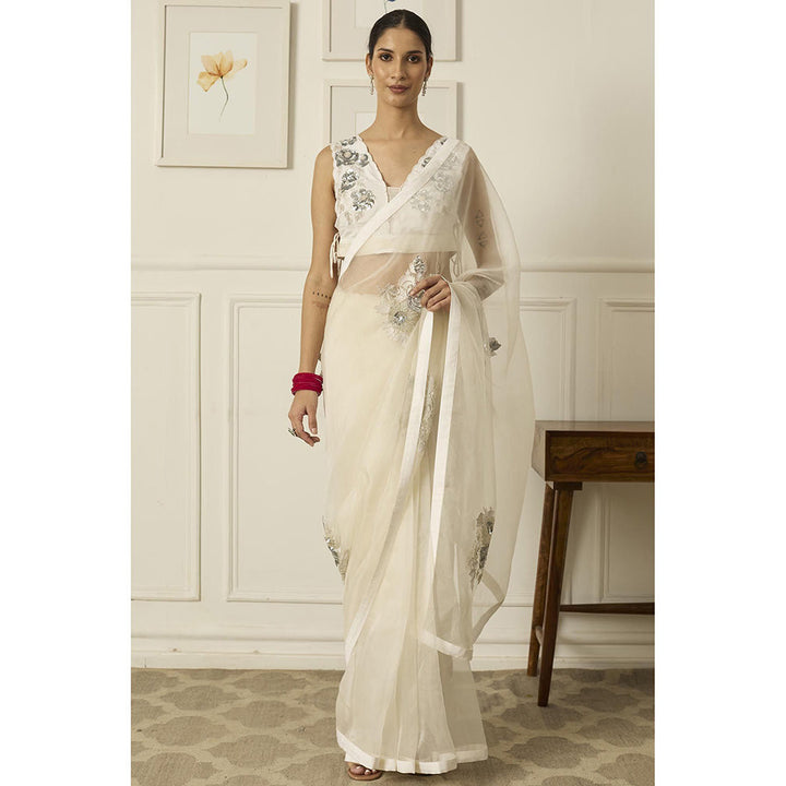 PEELI DORI Ivory Aradhana Silk Organza Saree with Stitched Blouse