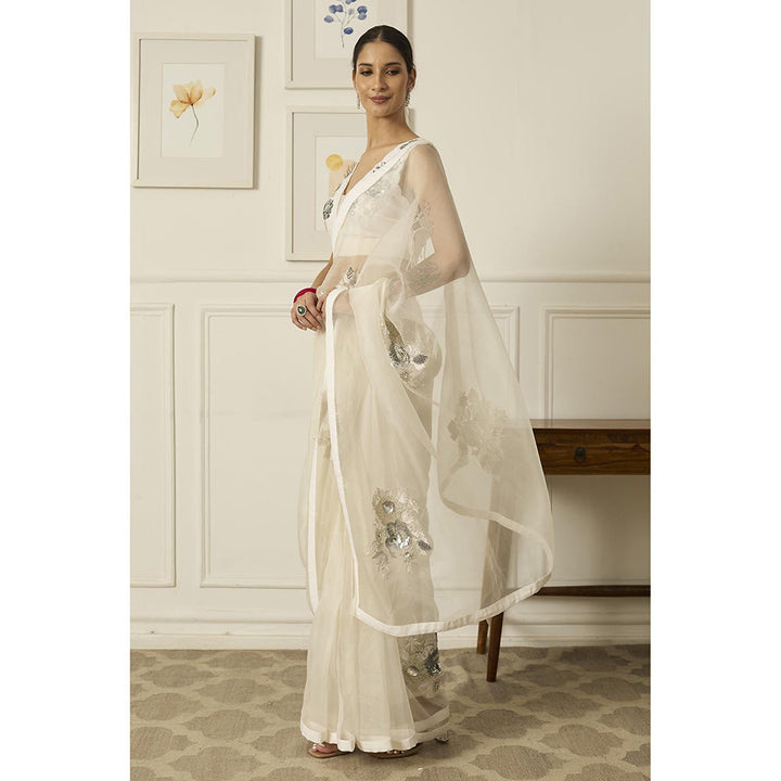 PEELI DORI Ivory Aradhana Silk Organza Saree with Stitched Blouse