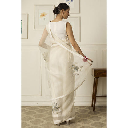 PEELI DORI Ivory Aradhana Silk Organza Saree with Stitched Blouse