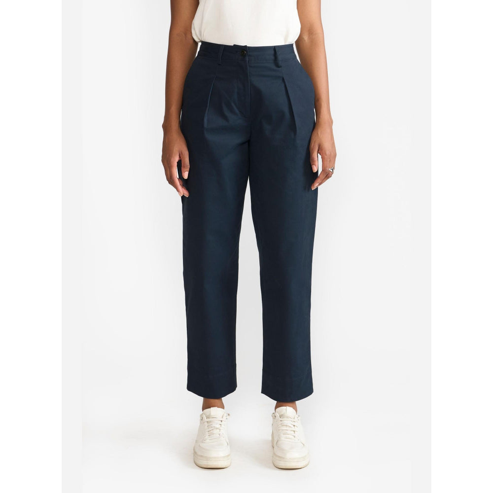 Perona Alessia Navy Blue Plain Relaxed Fit Pant
