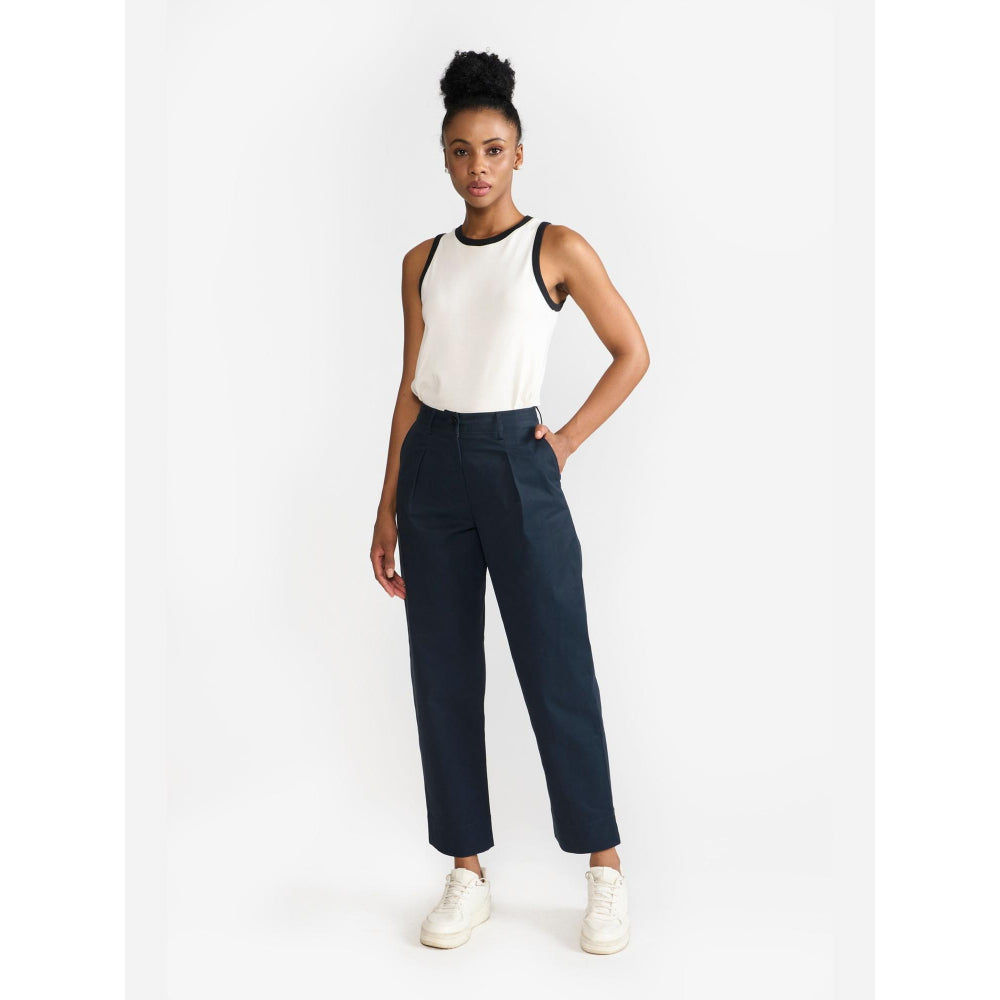 Perona Alessia Navy Blue Plain Relaxed Fit Pant