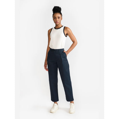Perona Alessia Navy Blue Plain Relaxed Fit Pant