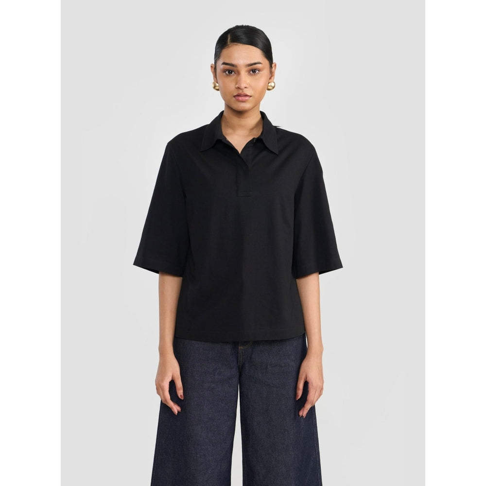 Perona Black Alisha Cotton Collar Neck Solid/Plain Polo T-Shirt