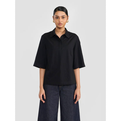 Perona Black Alisha Cotton Collar Neck Solid/Plain Polo T-Shirt