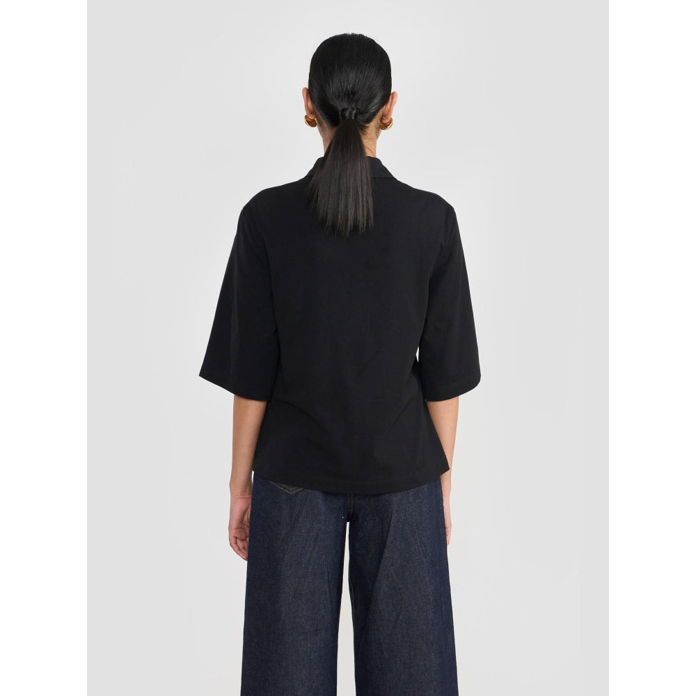 Perona Black Alisha Cotton Collar Neck Solid/Plain Polo T-Shirt