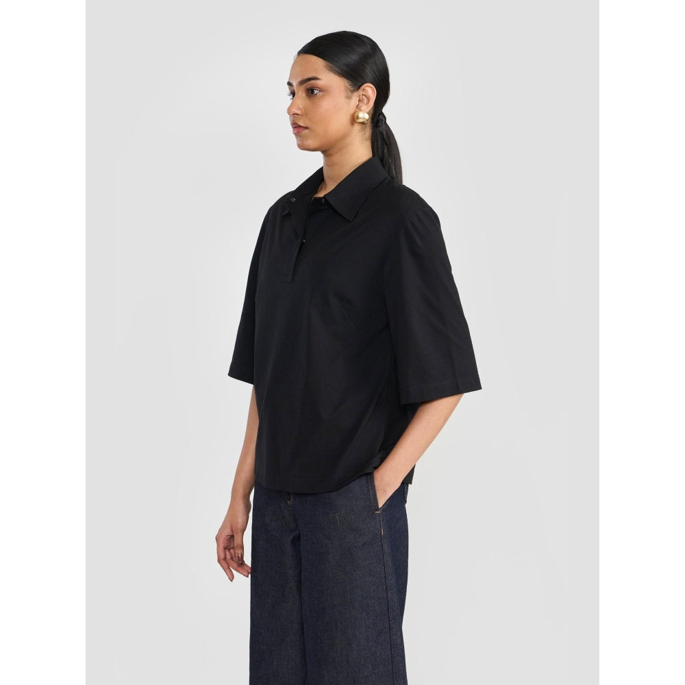 Perona Black Alisha Cotton Collar Neck Solid/Plain Polo T-Shirt