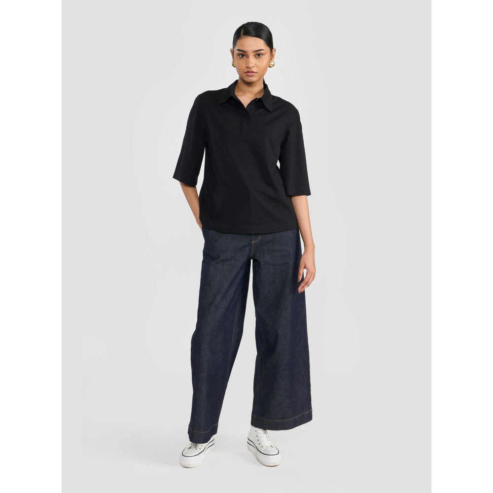 Perona Black Alisha Cotton Collar Neck Solid/Plain Polo T-Shirt