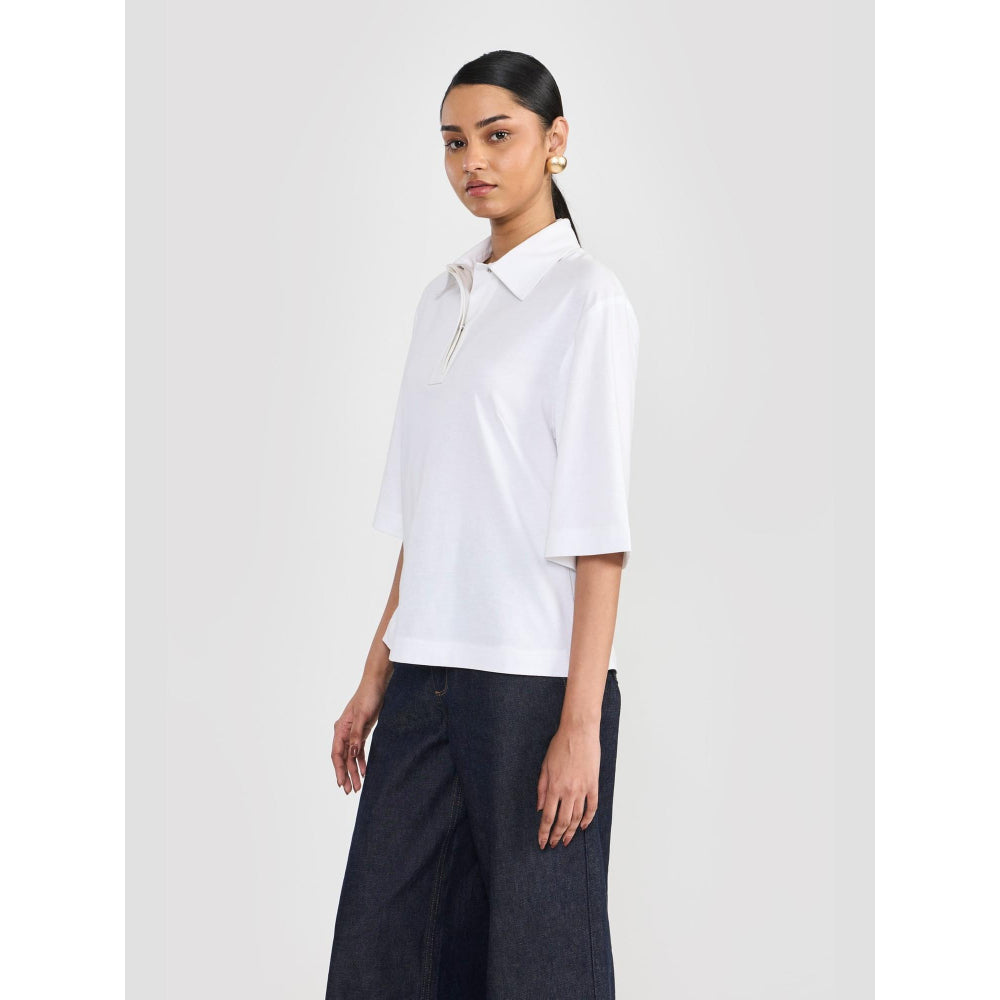 Perona Off White Alisha Cotton Collar Neck Solid/Plain Polo T-Shirt