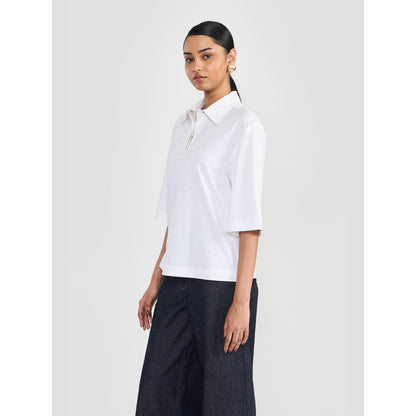 Perona Off White Alisha Cotton Collar Neck Solid/Plain Polo T-Shirt