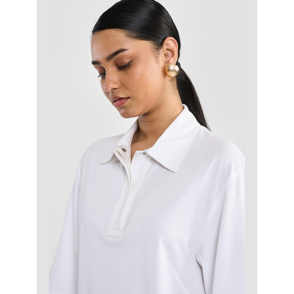 Perona Off White Alisha Cotton Collar Neck Solid/Plain Polo T-Shirt