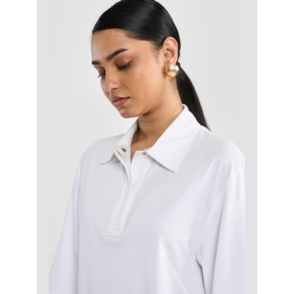 Perona Off White Alisha Cotton Collar Neck Solid/Plain Polo T-Shirt